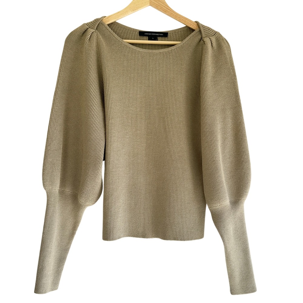 French‎ Connection Women's Large Beige Ribbed Knit Top Sweater Balloon Sleeve